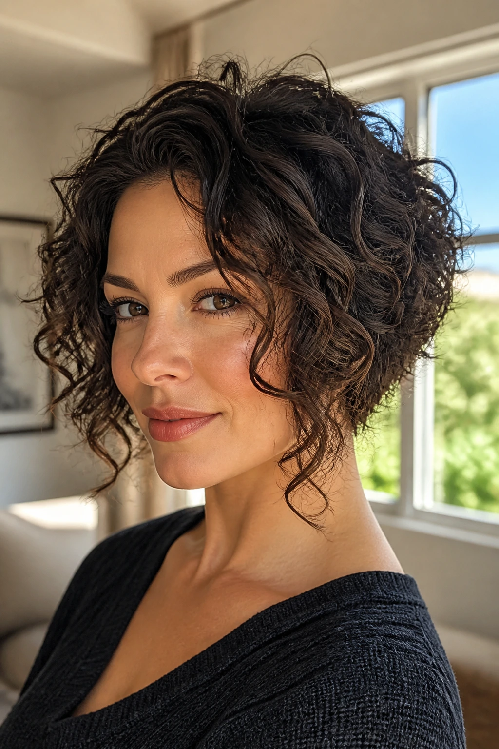 Real woman with angular curly bob, curls directed downward.