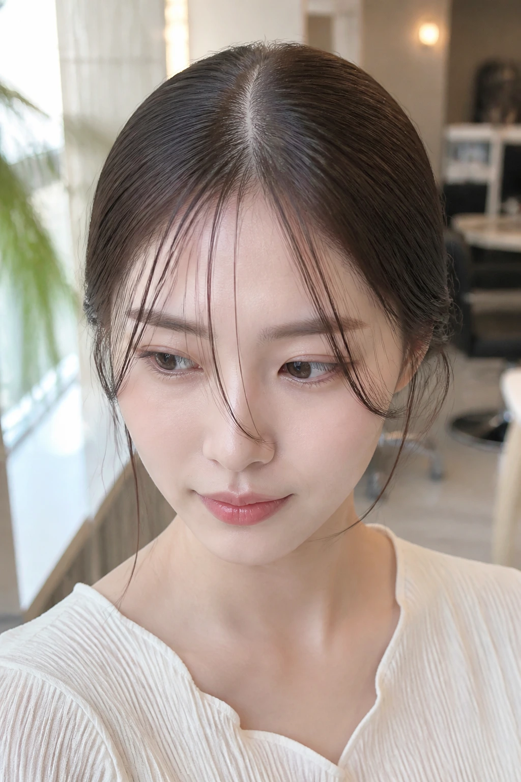 Close-up of center-parted antenna wisps on a real woman with serum-coated strands.