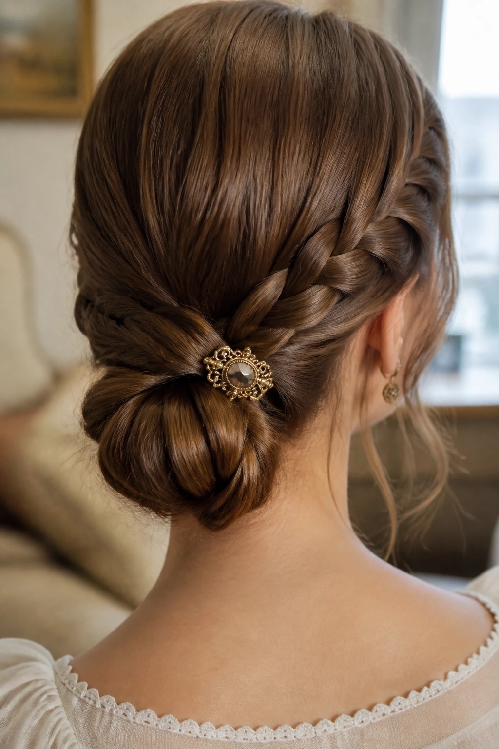 Low bun anchored by antique brooch securing braid on a real person
