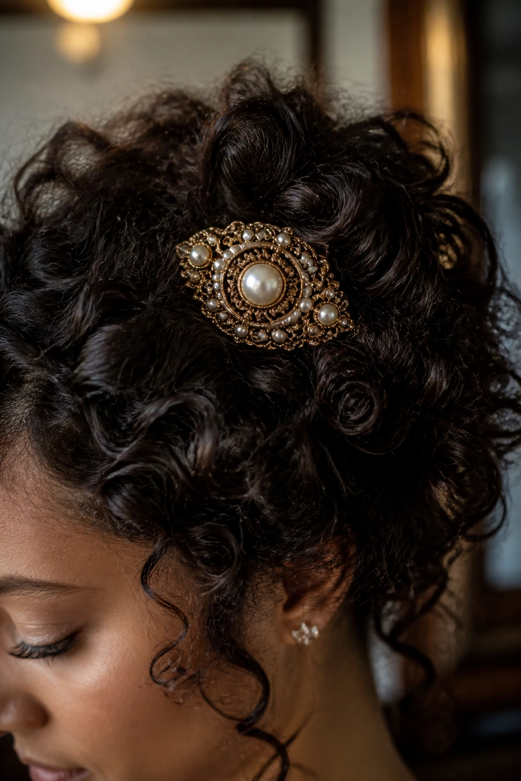 Close-up of a real woman with curls featuring a vintage antique brooch pinned into hair as a centerpiece