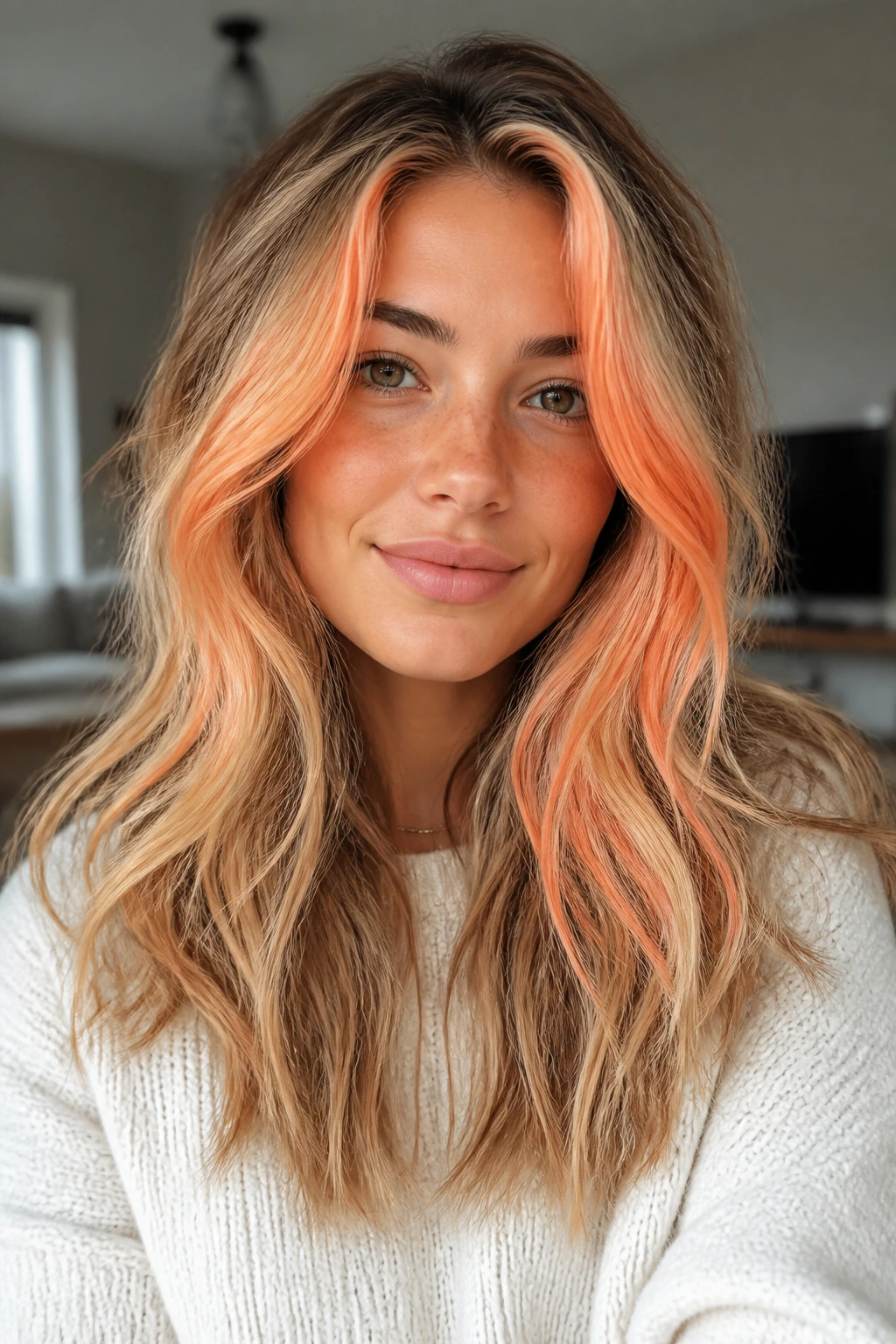 Close-up of a real person with apricot streaks framing the face