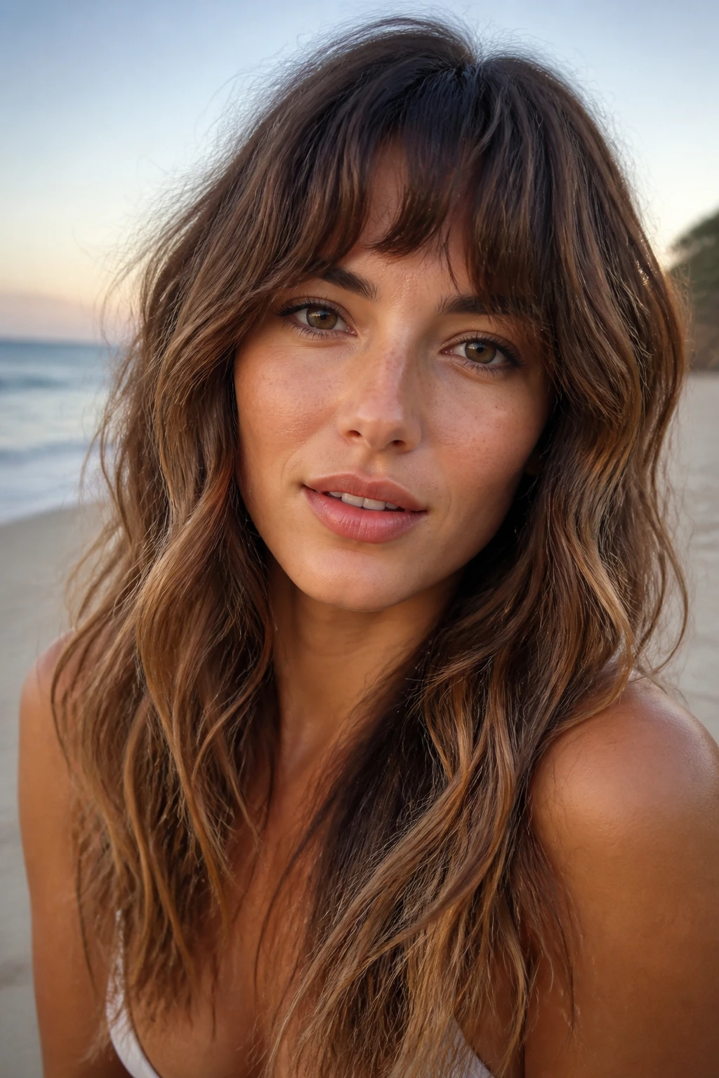 Real woman with choppy arched bangs and beach waves in outdoor setting
