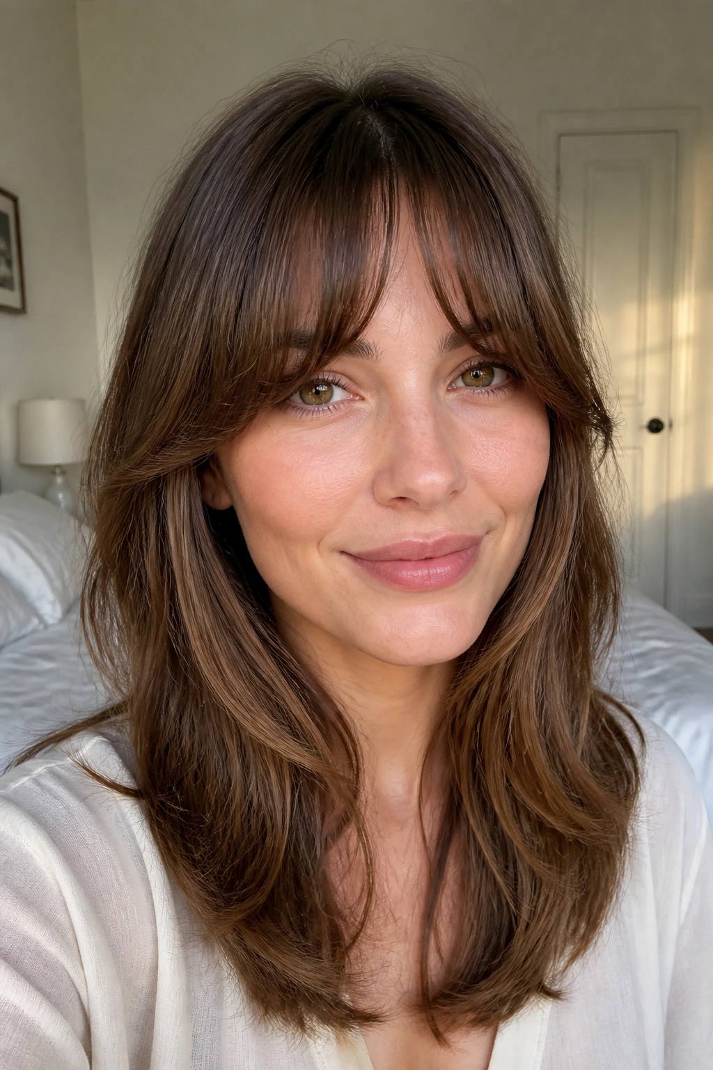 Arching French bangs with mid-length layers on a real woman in soft window light