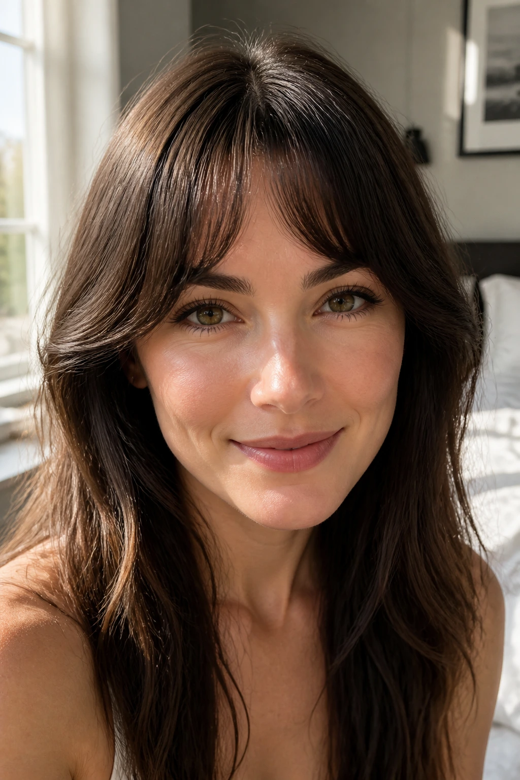 Close-up of a woman with arched crescent-cut bangs in daylight