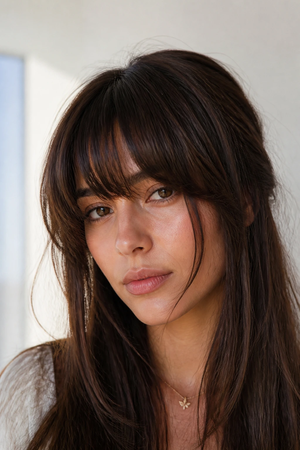 Close-up of a real woman with thick arched fringe and tendrils