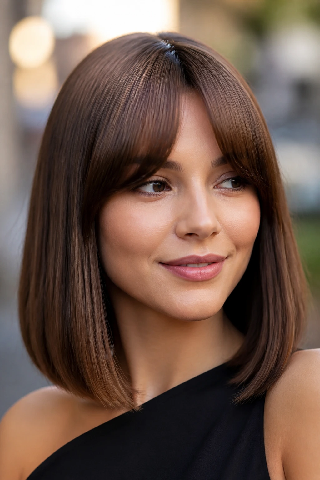 Close-up of symmetrical blunt cut with arching fringe outdoors