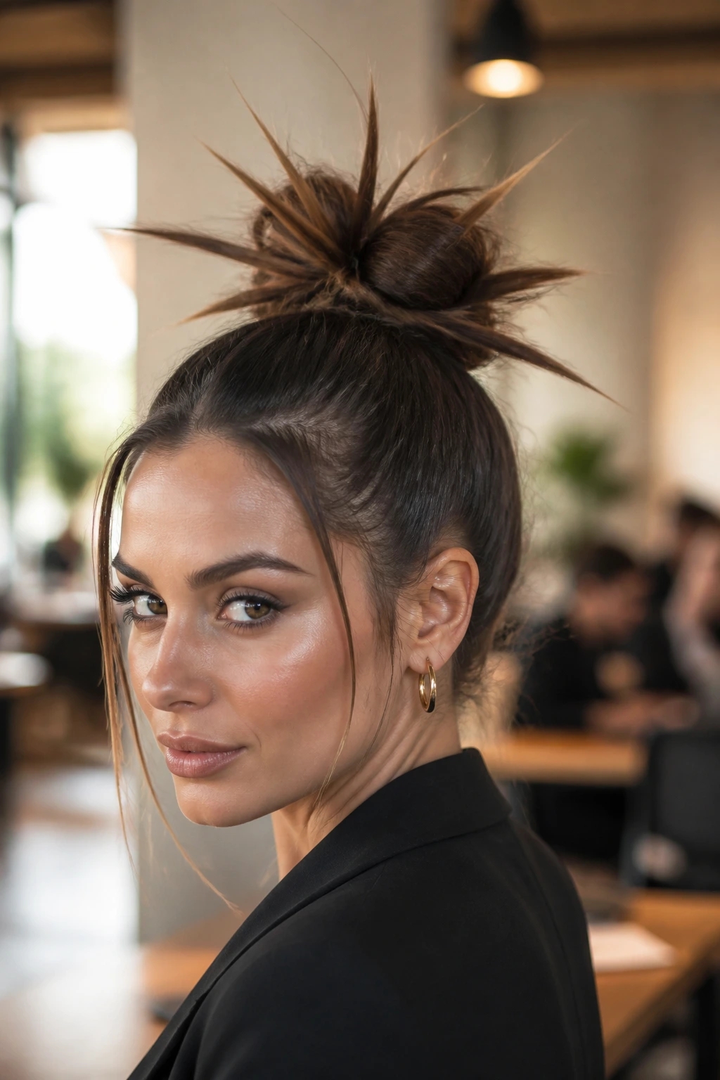 Close-up portrait of a real woman with an architectural spiked bun