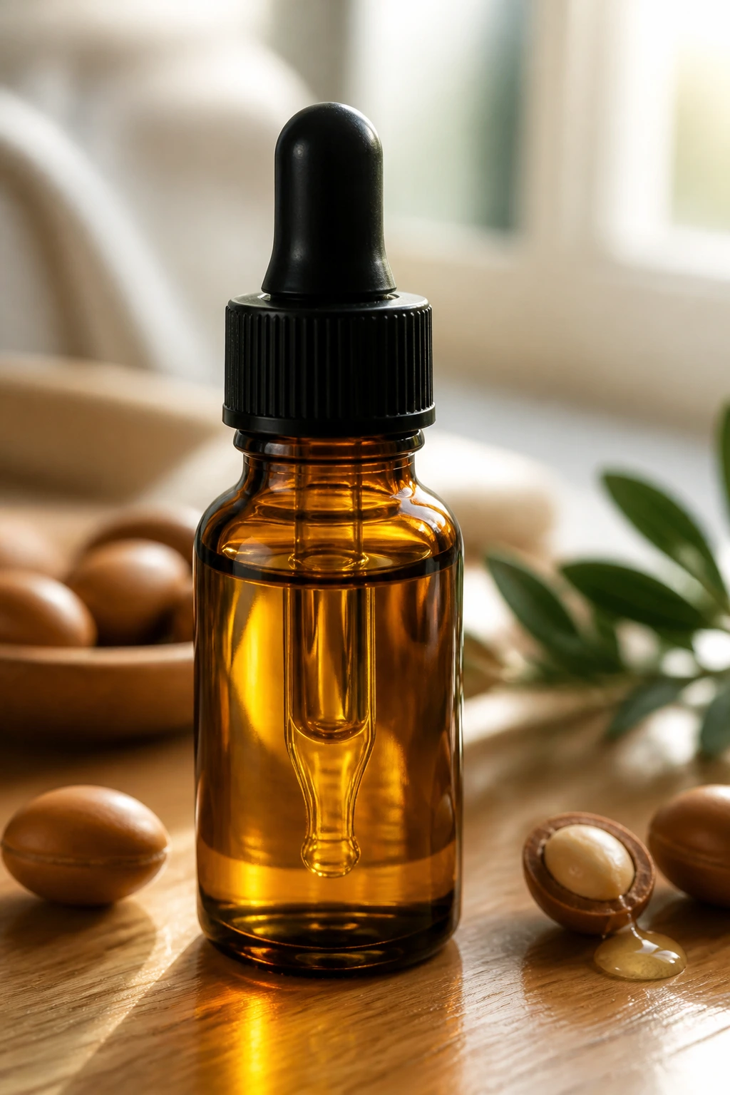Close-up of amber argan oil bottle with dropper on wooden vanity