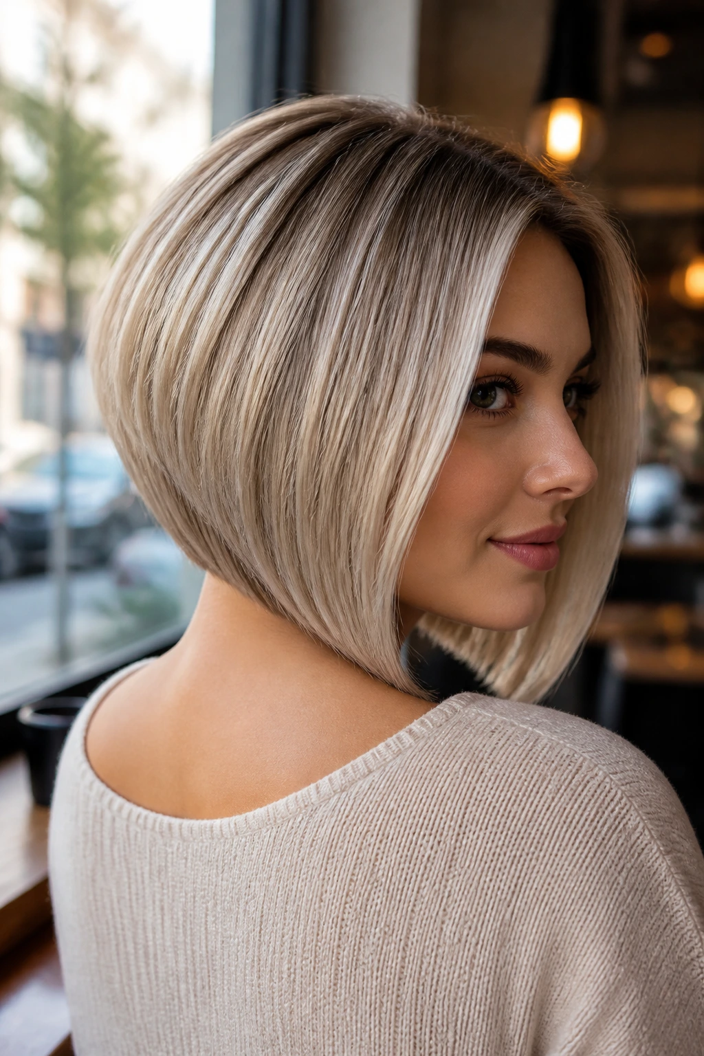Close-up of a real woman wearing an ash blonde A-line bob with back shorter front longer