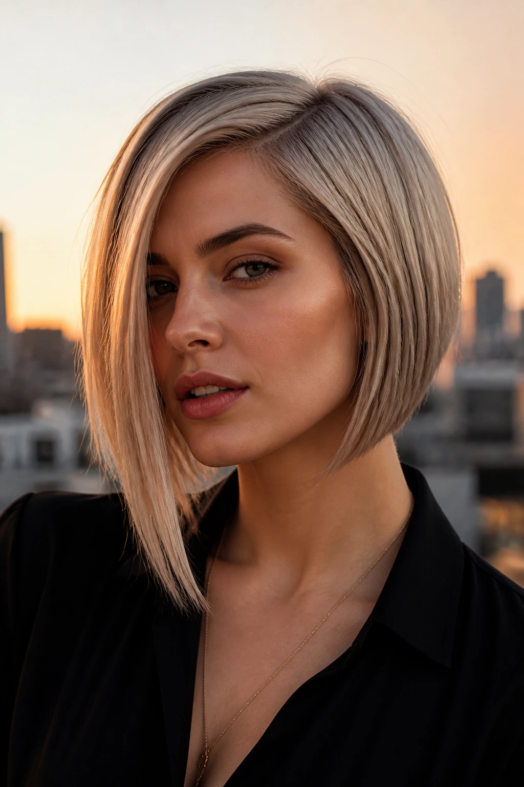 Profile close-up of a real woman with an ash-blonde asymmetrical angled bob on a rooftop at golden hour