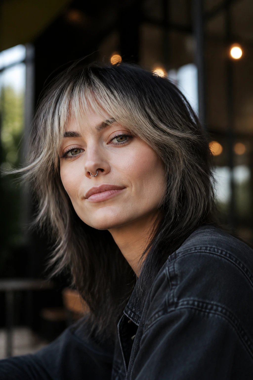 Close-up of a person with ash blonde fringe on charcoal shag.