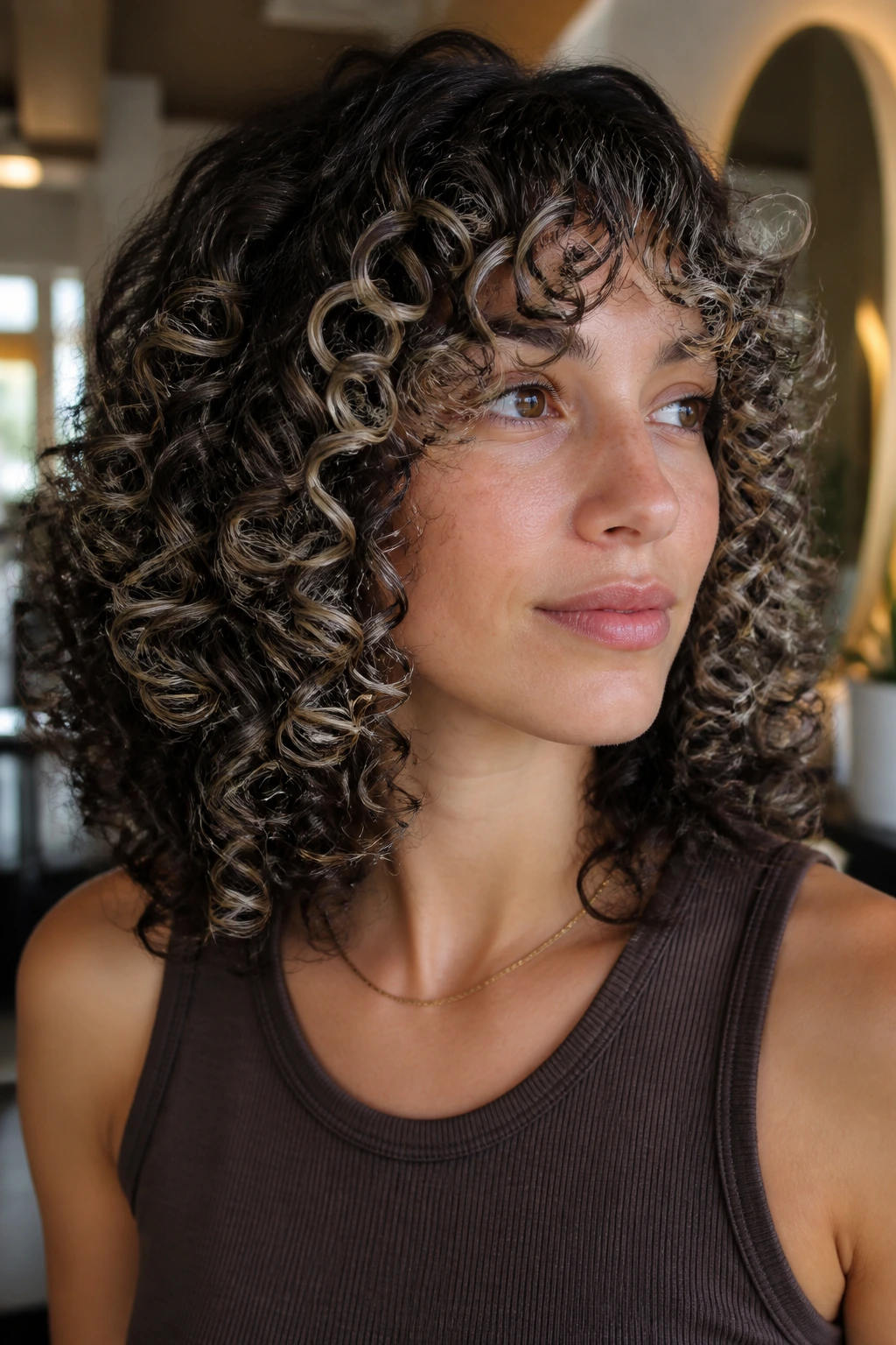Close-up of dark brown ringlets with cool ash blonde frosting
