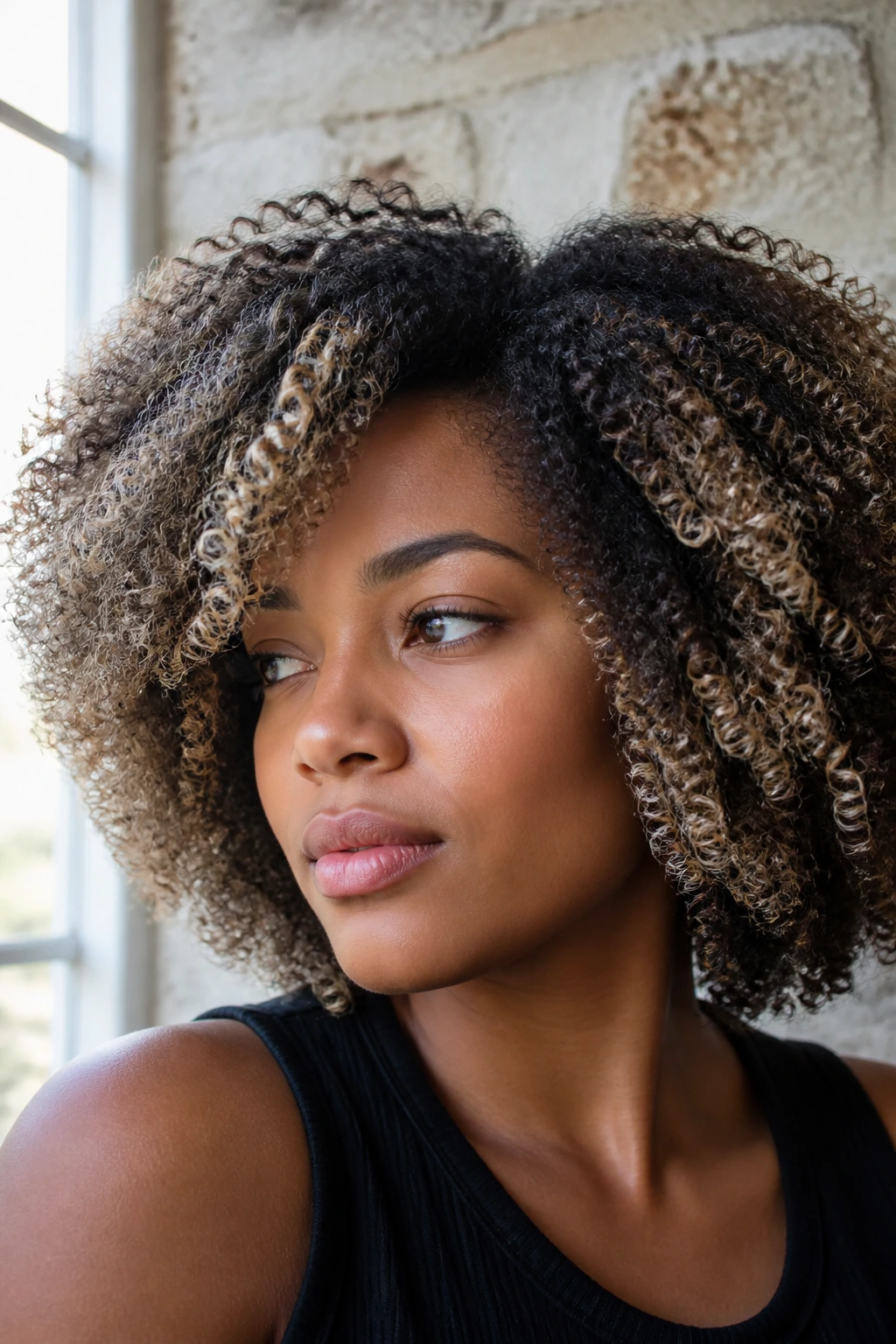 Close-up of deep-coiled hair with ash blonde highlights
