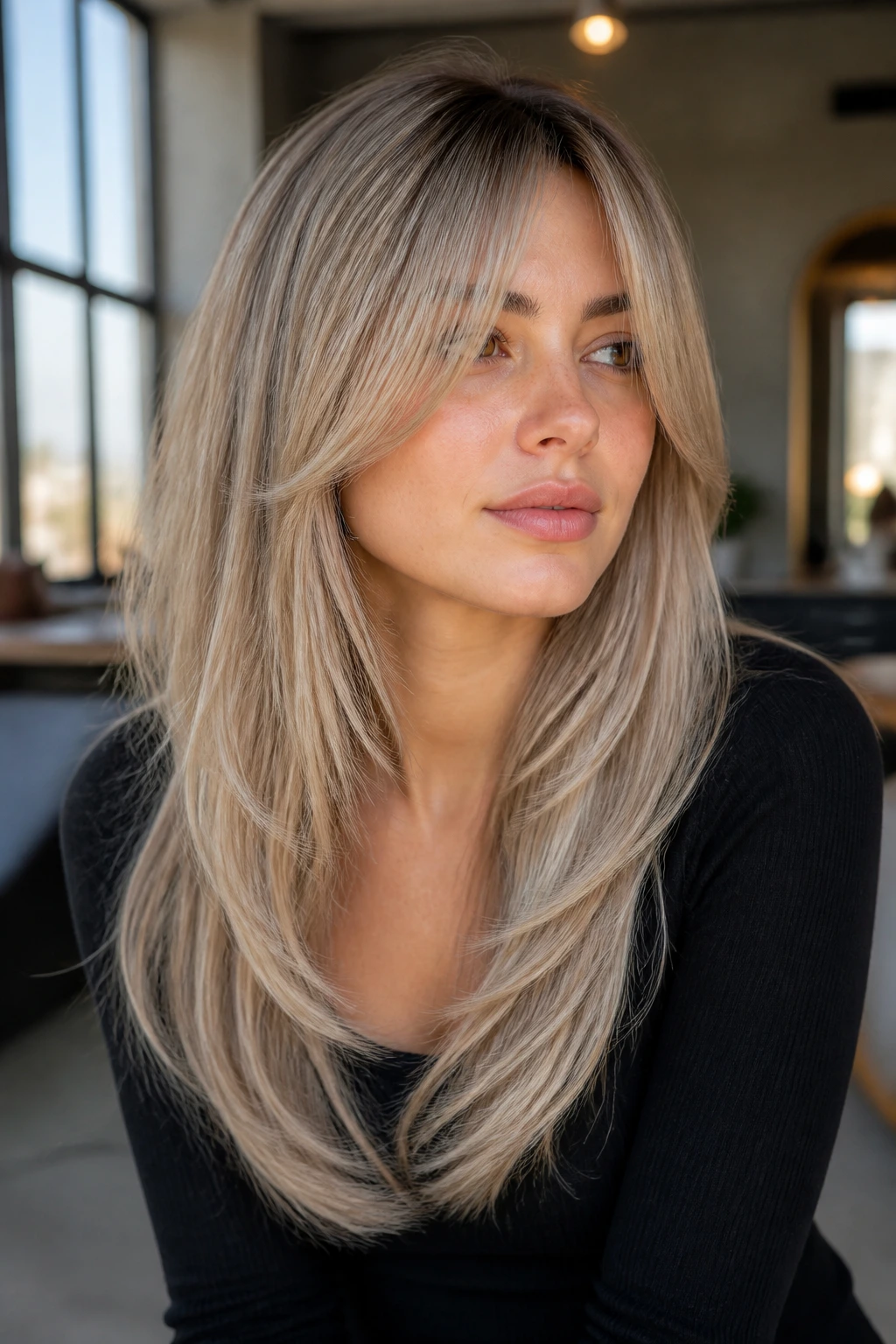 Close-up portrait of a real woman with ash blonde long layers and split center bangs