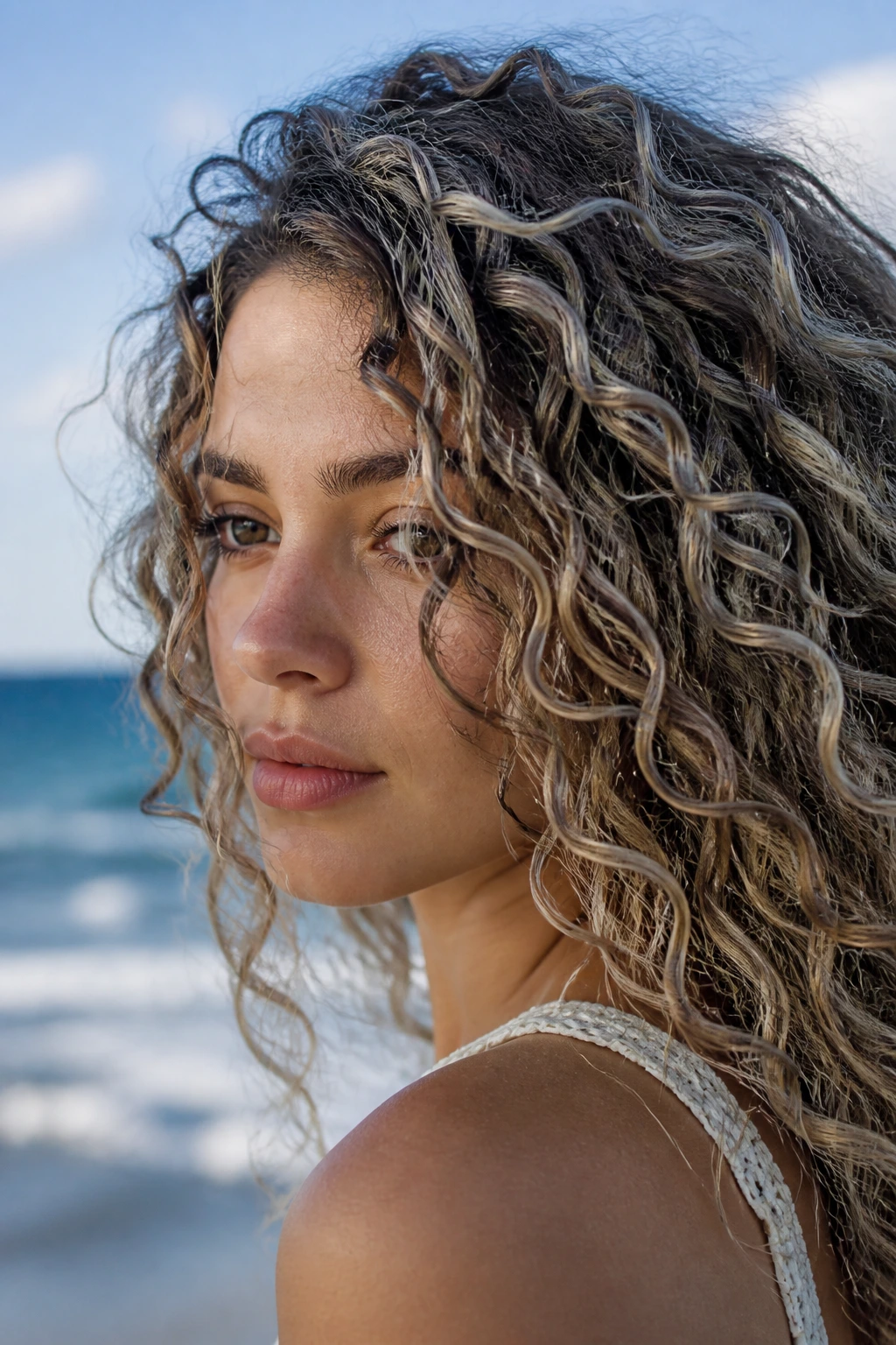 Close-up portrait with frosted ash blonde ribbons in curly hair