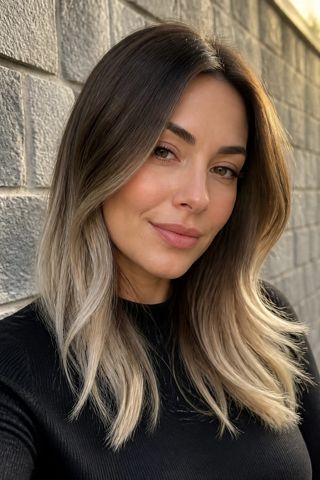 Close-up of a real woman with ash-brown hair and blonde tips in outdoor light.