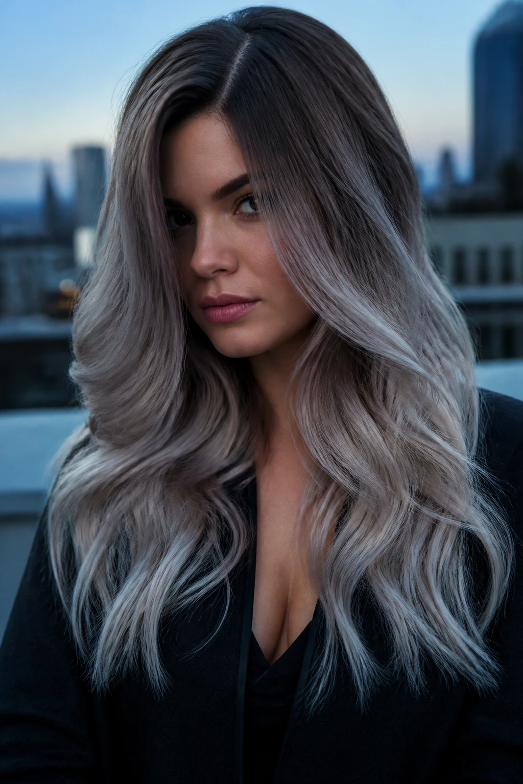 Close-up portrait of a real person with smoky ash brown to silver melt on thick hair under dusk urban lighting