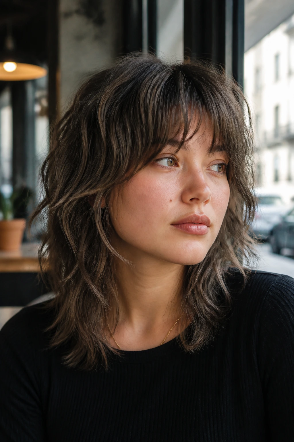 Portrait of a woman with ash brown shaggy wolf cut fringe