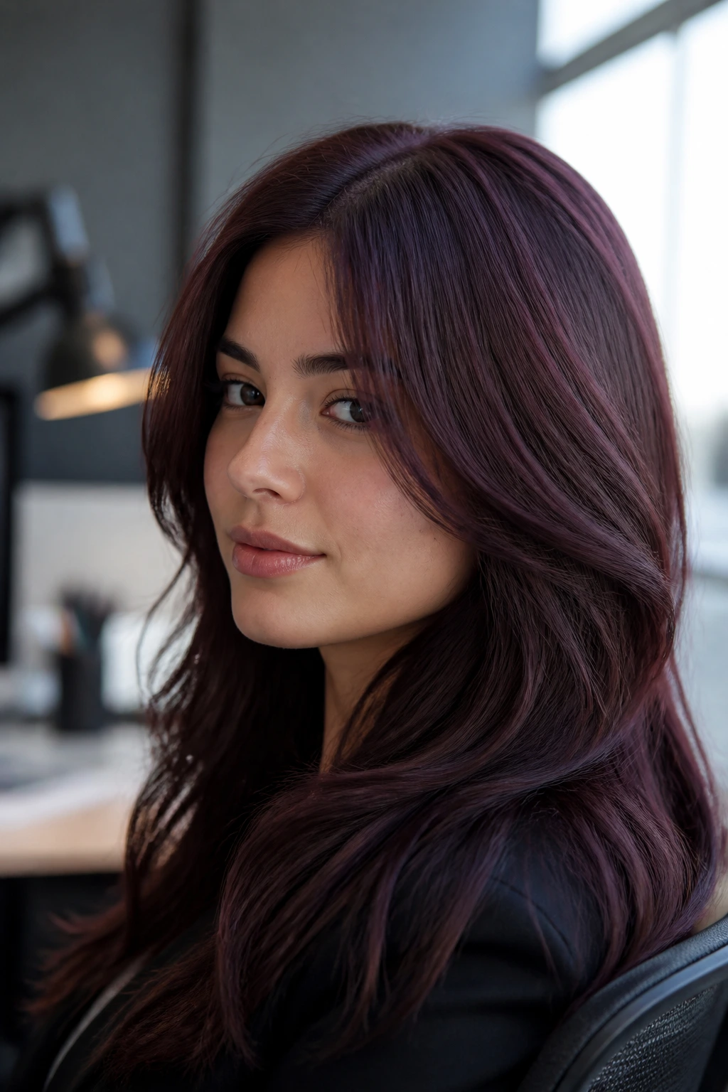 Close-up portrait of a real person with ash-maroon hair in an office setting
