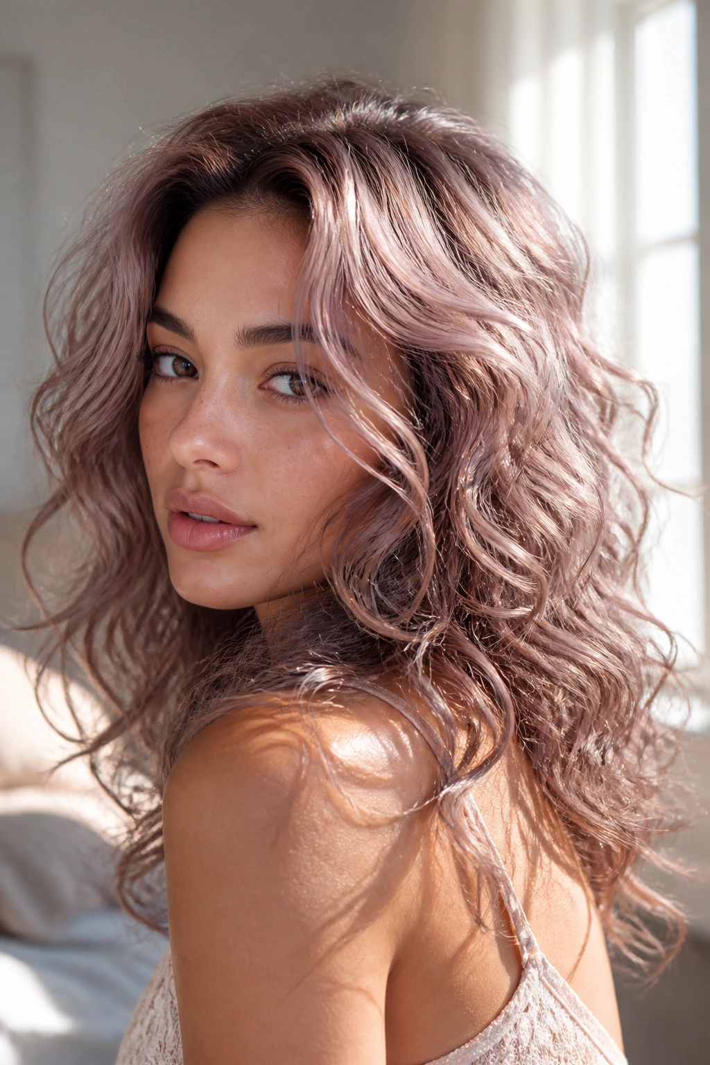 Close-up of a real woman with ash rose layered waves in soft window light