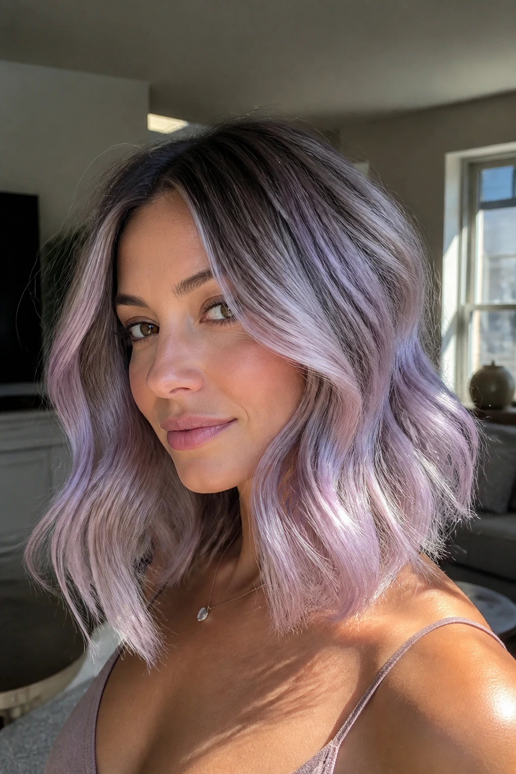 Portrait of a real person with Ash Violet Balayage Waves showing soft violet balayage across waves.