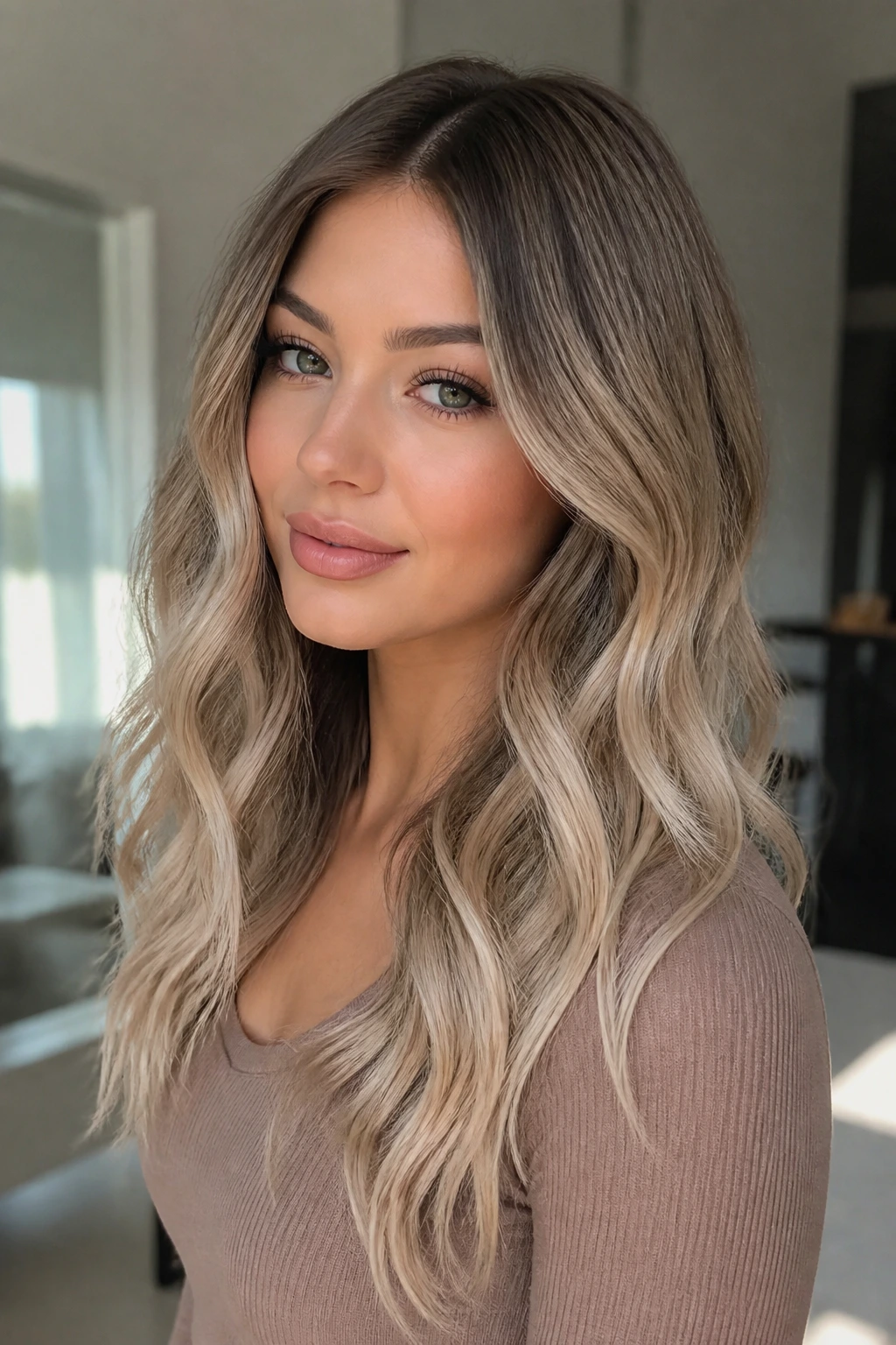 Close-up portrait of woman wearing ash brown to beige blonde ombre wave wig