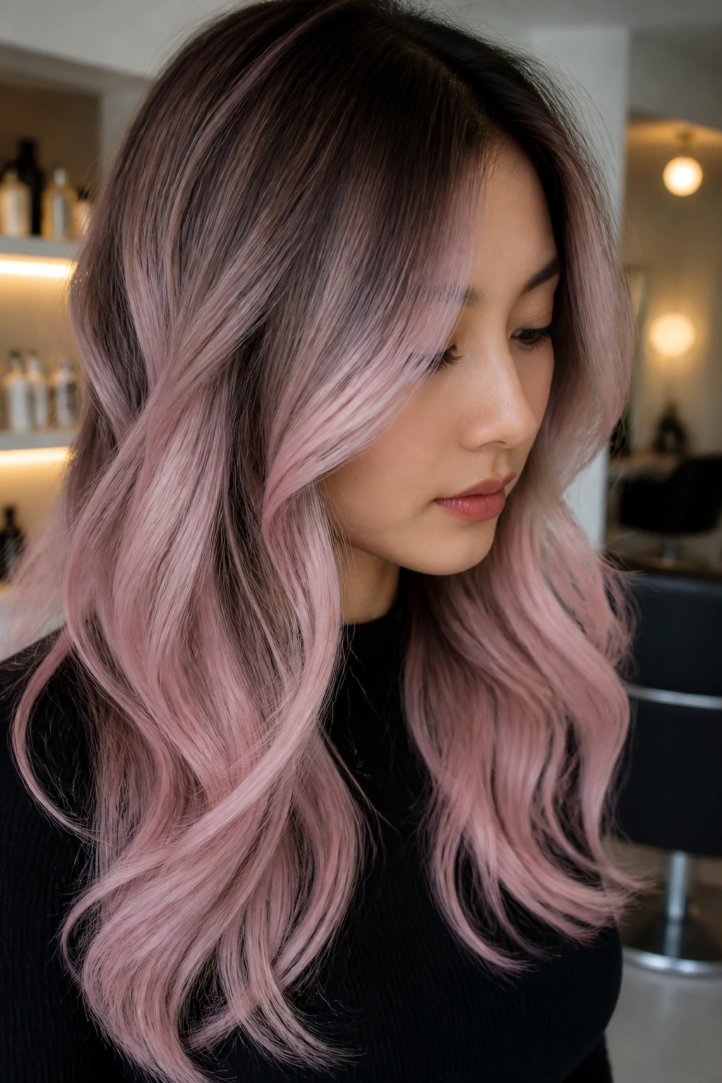 Real person with ashy milky pink balayage showing depth and dimension