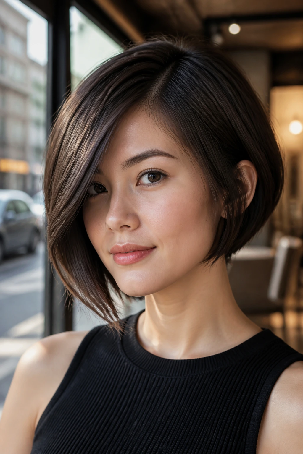 Close-up of a real person with Asymmetric A-Line Bob