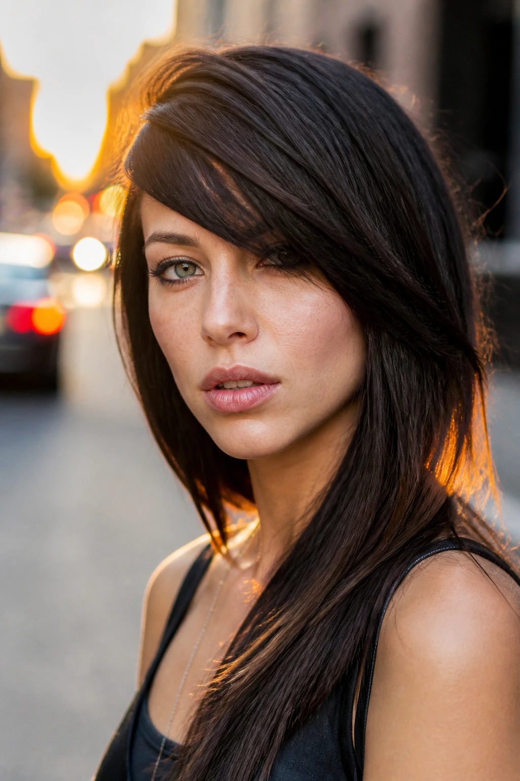 Close-up of a real person with asymmetric angled bangs in golden hour light