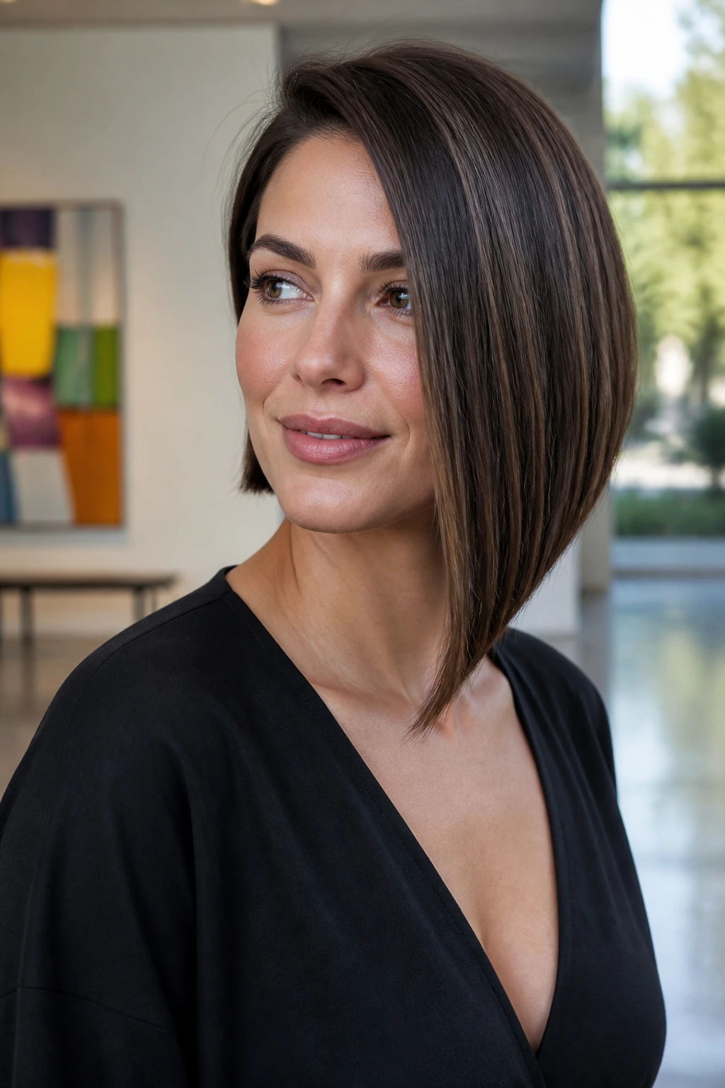 Portrait of a woman with asymmetric angled bob