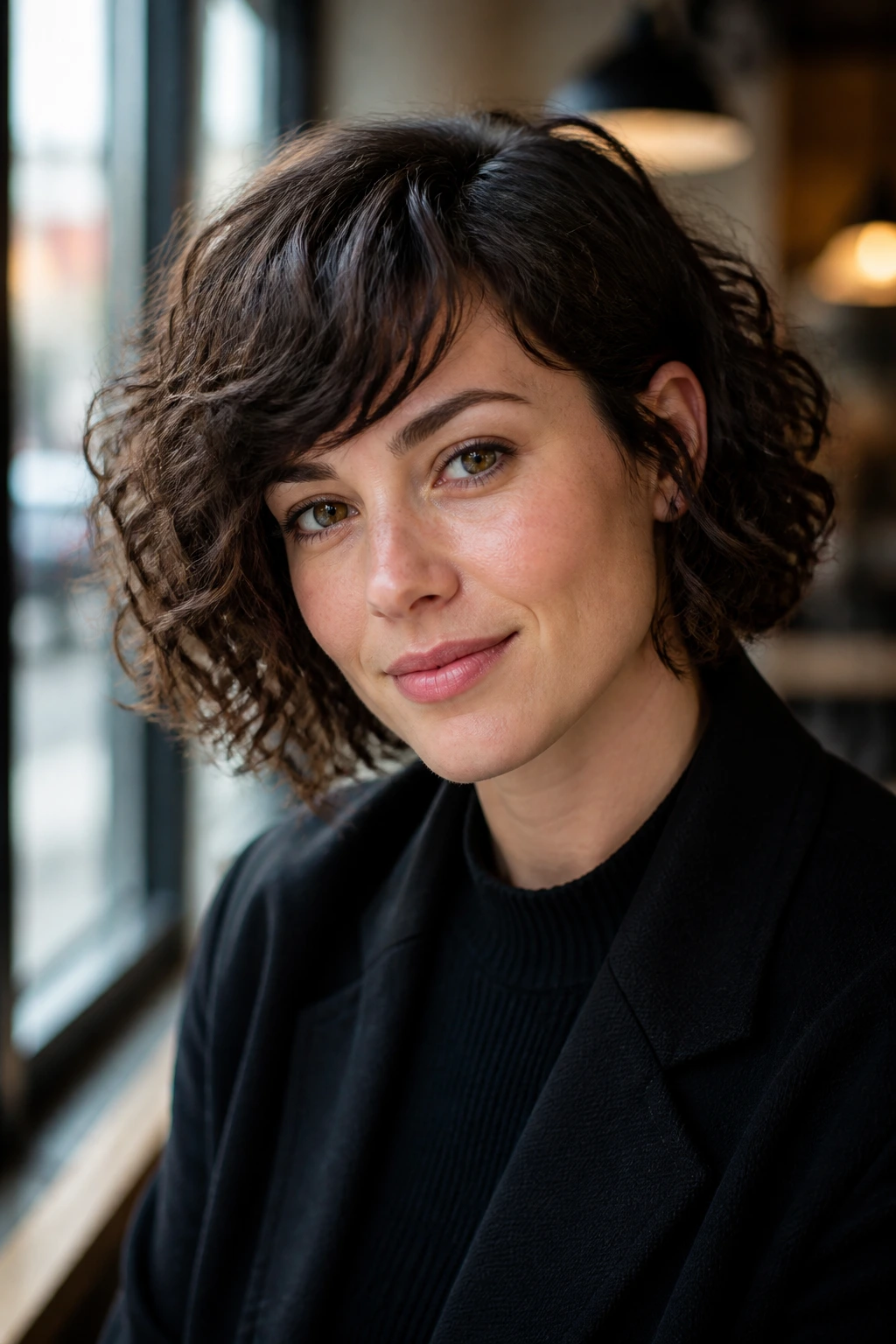 Medium close-up of a real woman with asymmetric bangs and curly bob in a sunlit cafe
