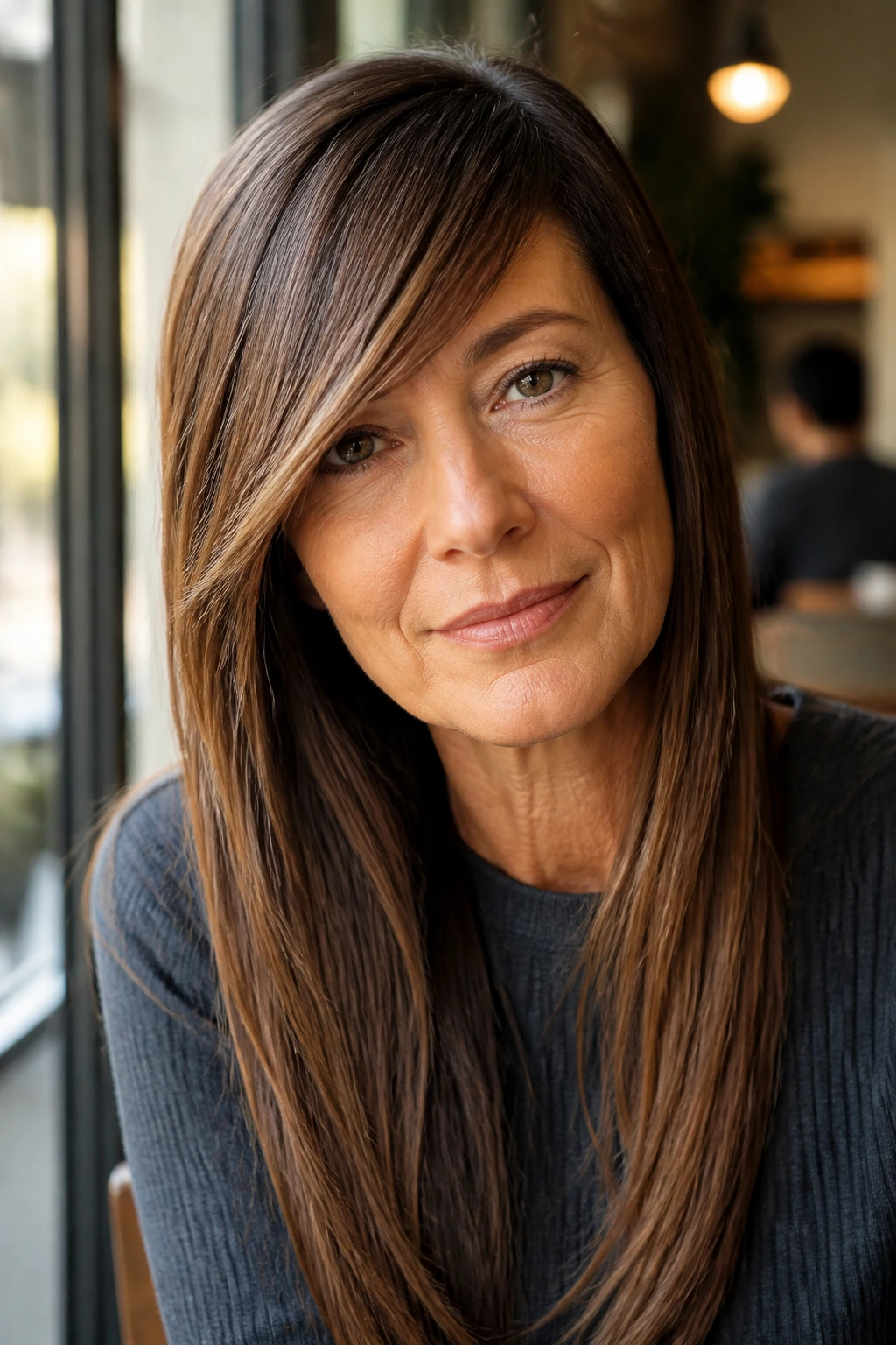 Portrait of woman with asymmetric slanted bangs and long straight hair by window light