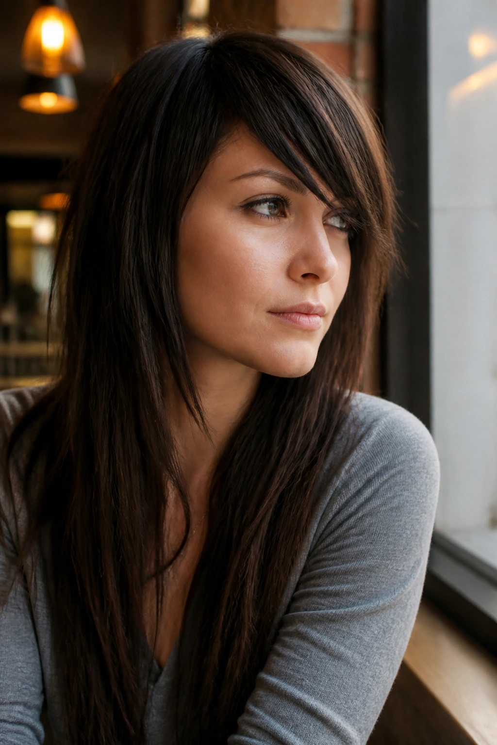 Real woman with asymmetric heavy bangs in a cozy cafe setting.