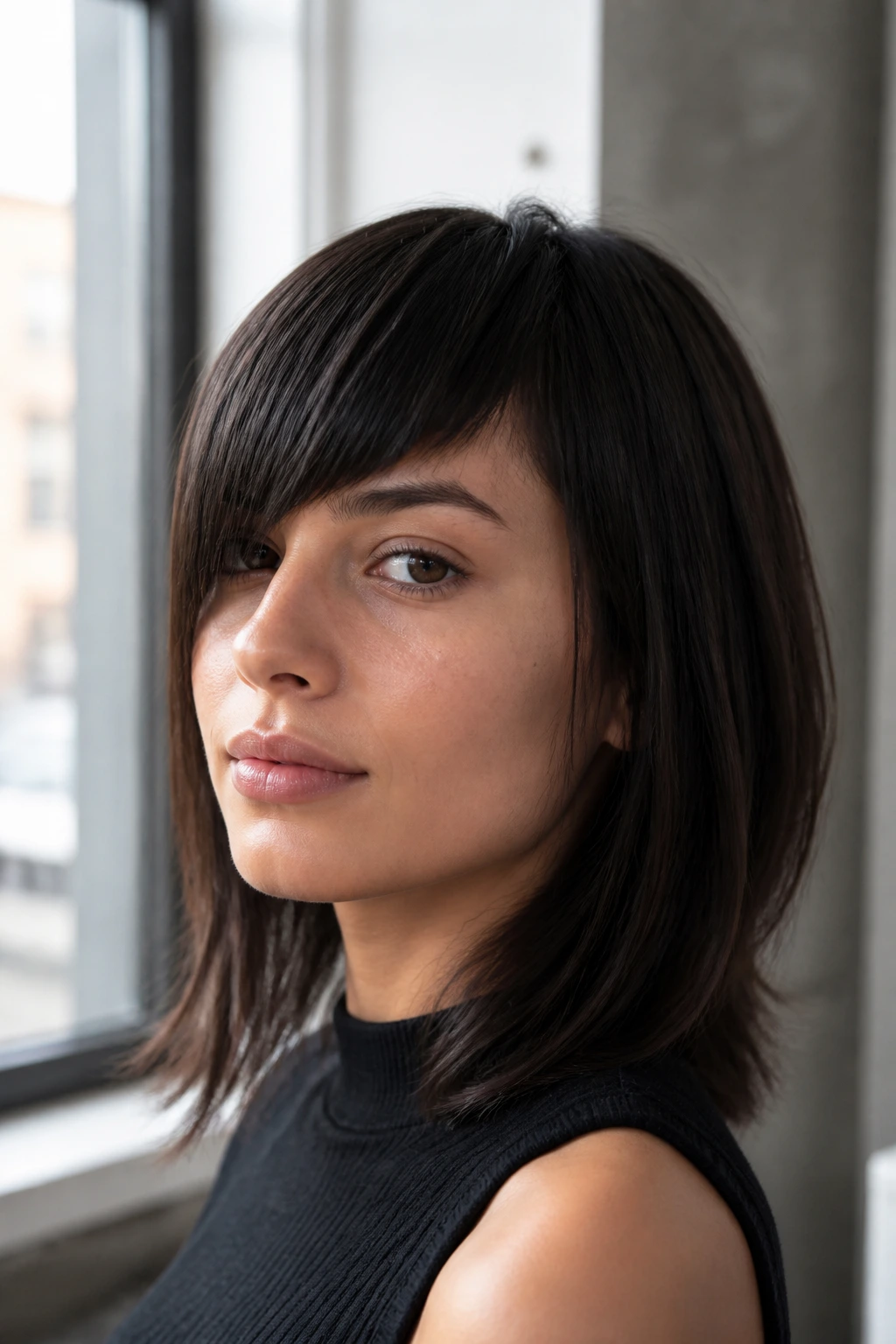 Portrait of a real woman with diagonal asymmetric straight bangs