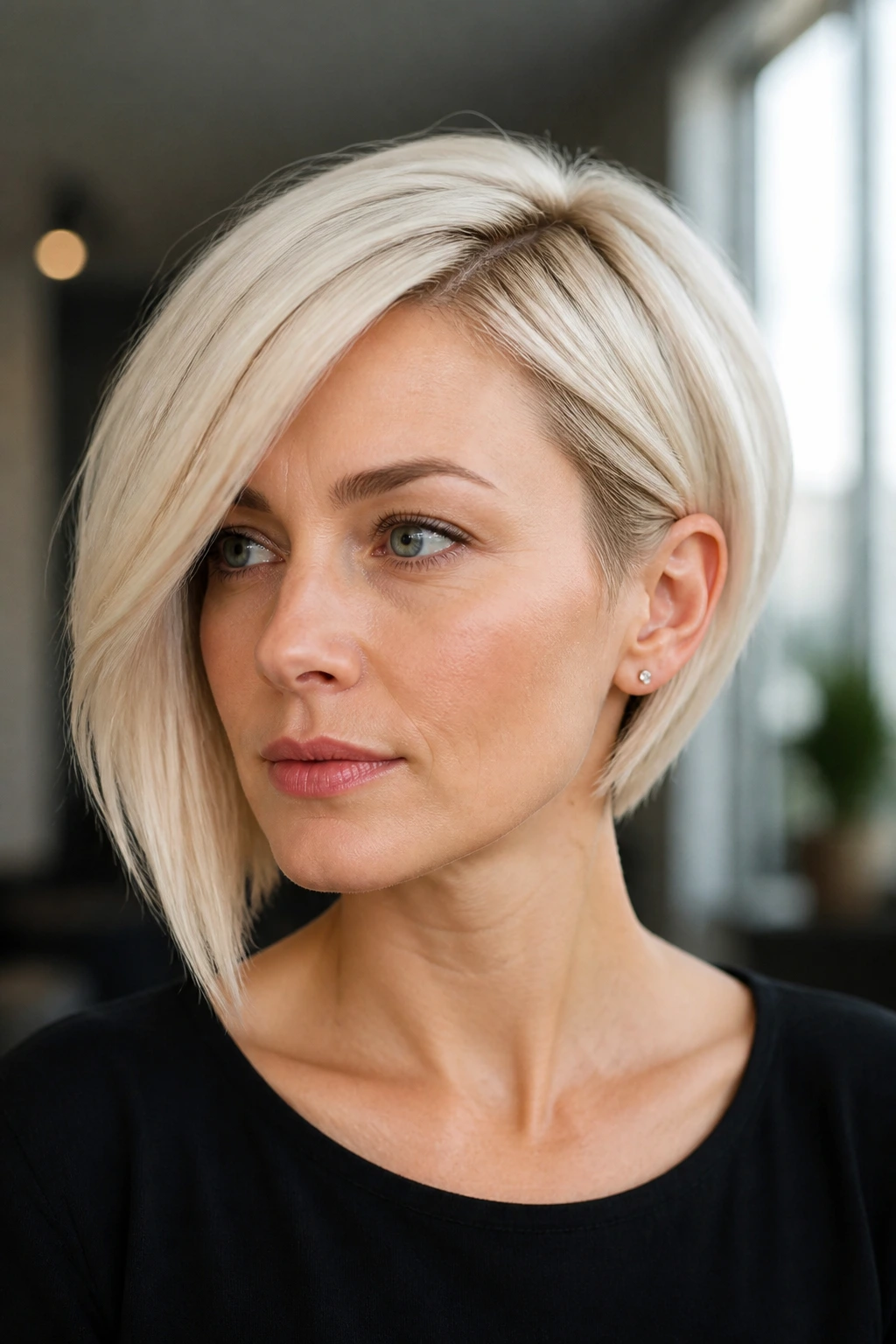 Real-person portrait featuring an asymmetric platinum bob