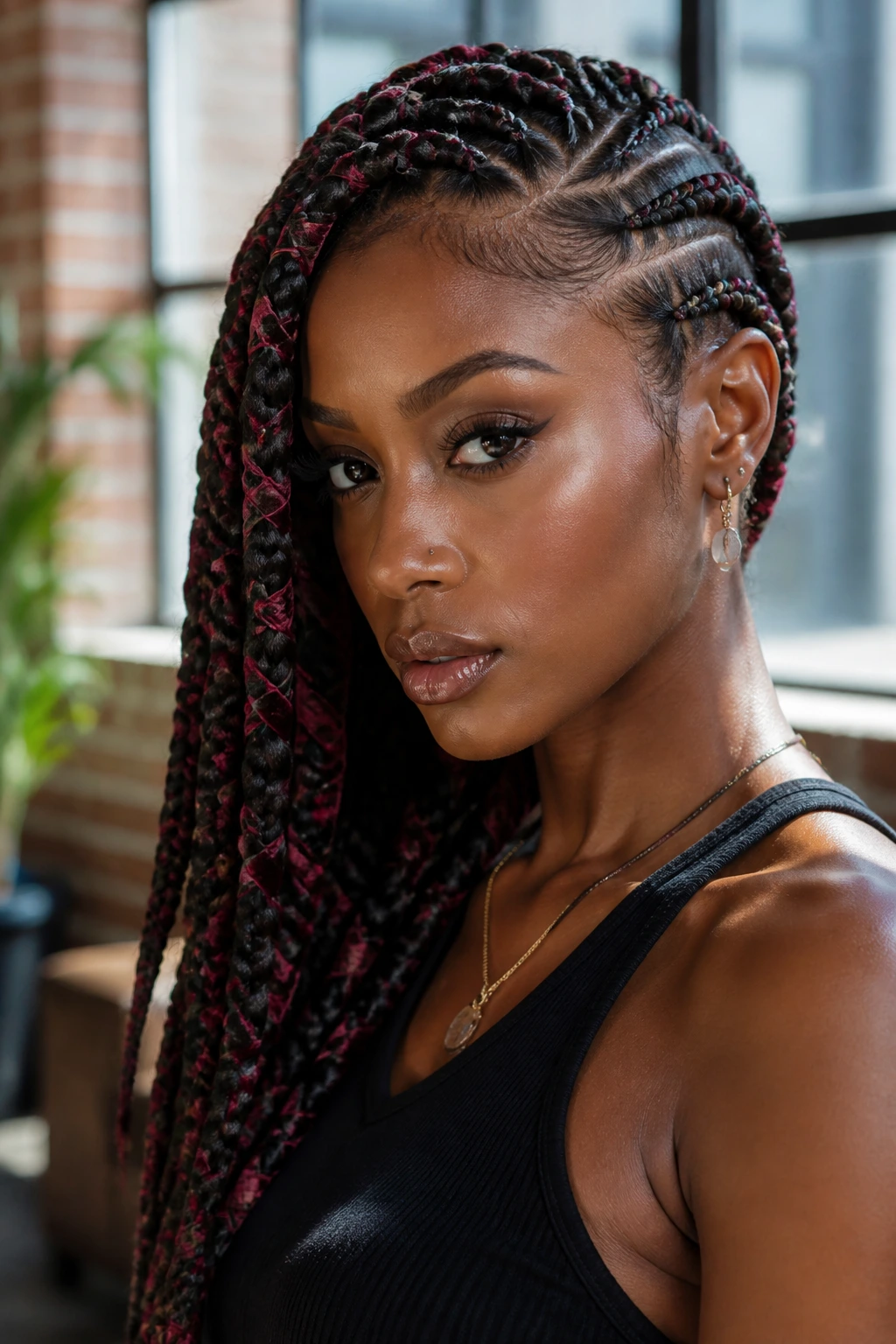 Close-up of asymmetric braids with velvet wraps on a real woman's head