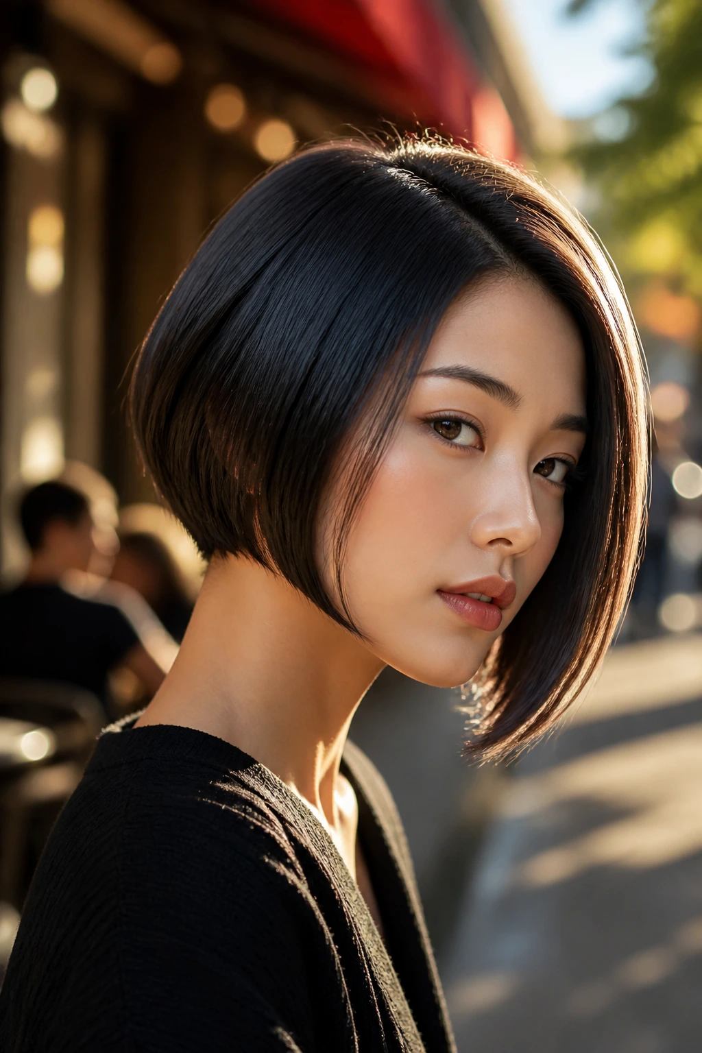 Close-up of a real woman with sleek asymmetric cheekbone bob