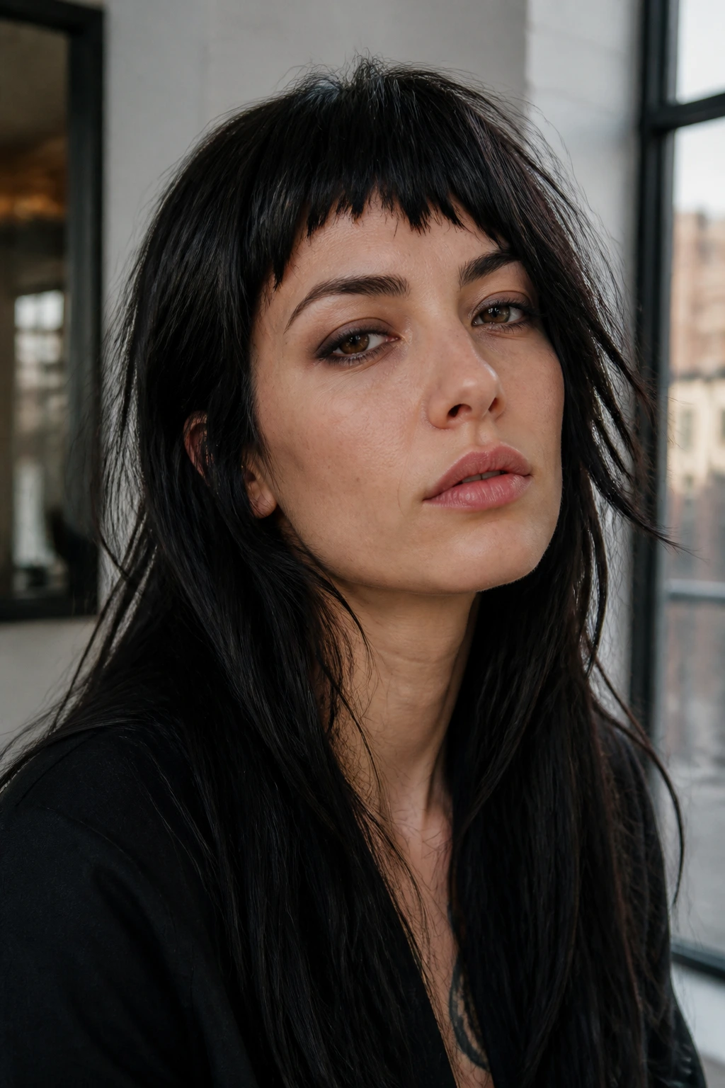 Portrait of a real person with asymmetric choppy bangs on dark razor-cut hair.