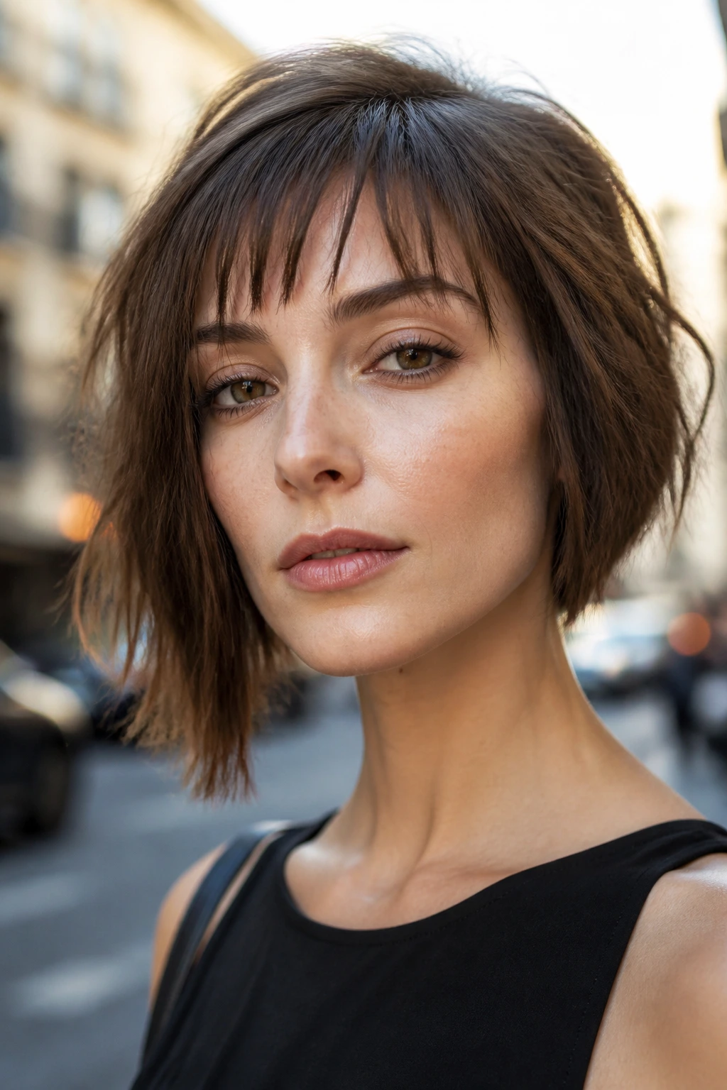 Close-up of a real woman with asymmetric choppy bob and thin bangs in urban light.