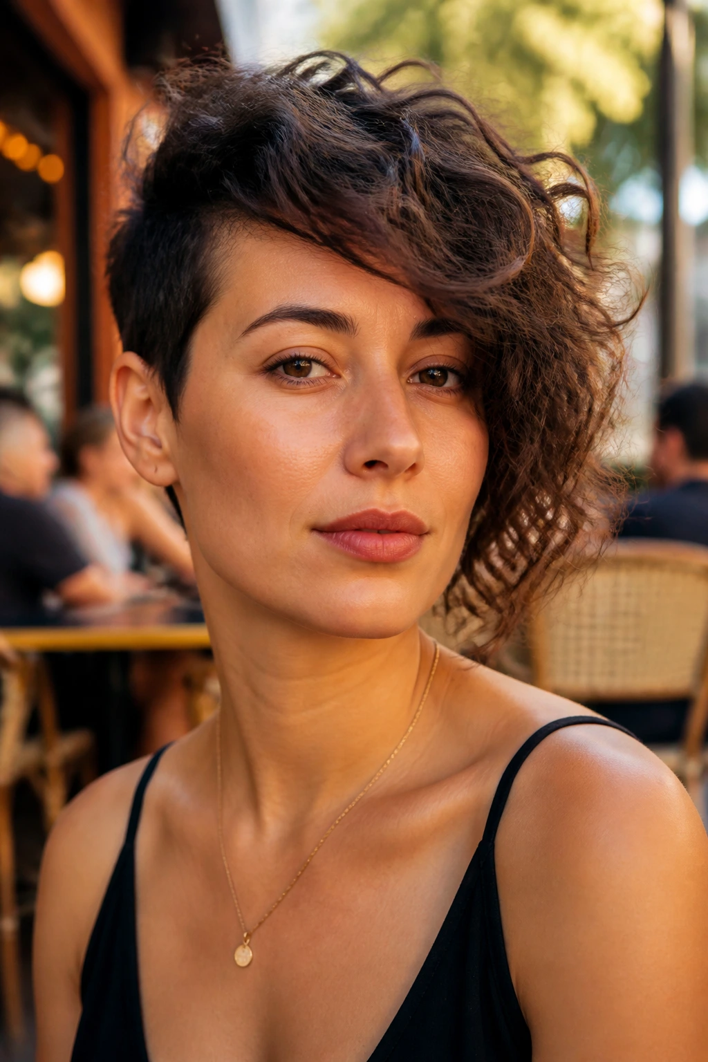 Close-up portrait of a person with an asymmetric crop hairstyle.