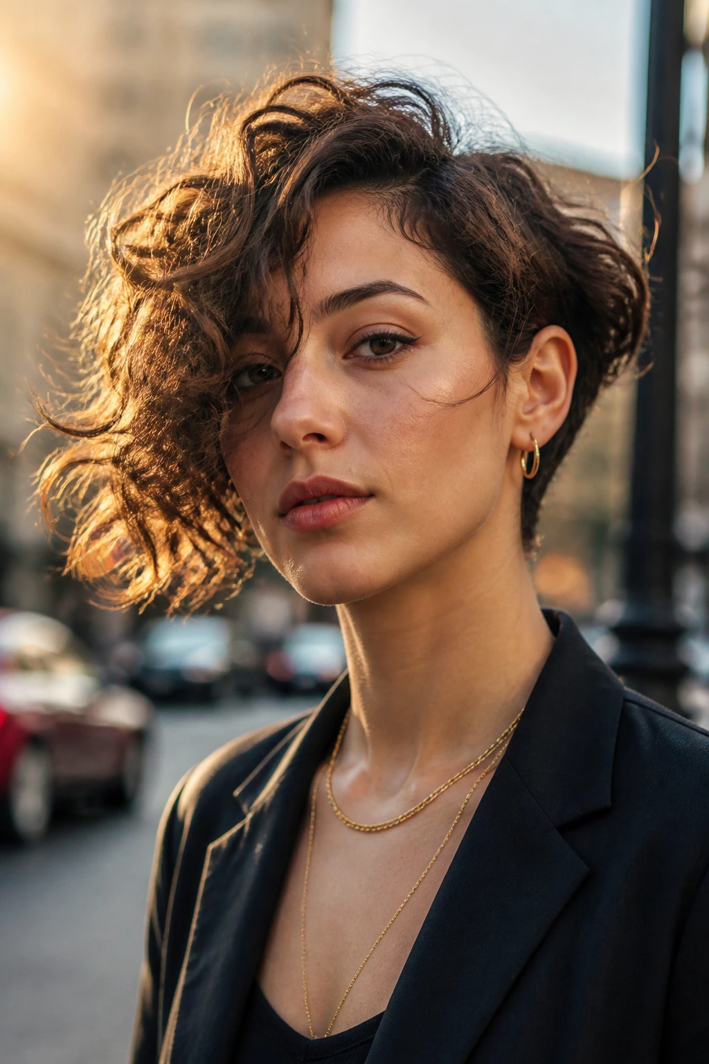 Head-and-shoulders portrait of a real person with an asymmetric curly bob hairstyle outdoors