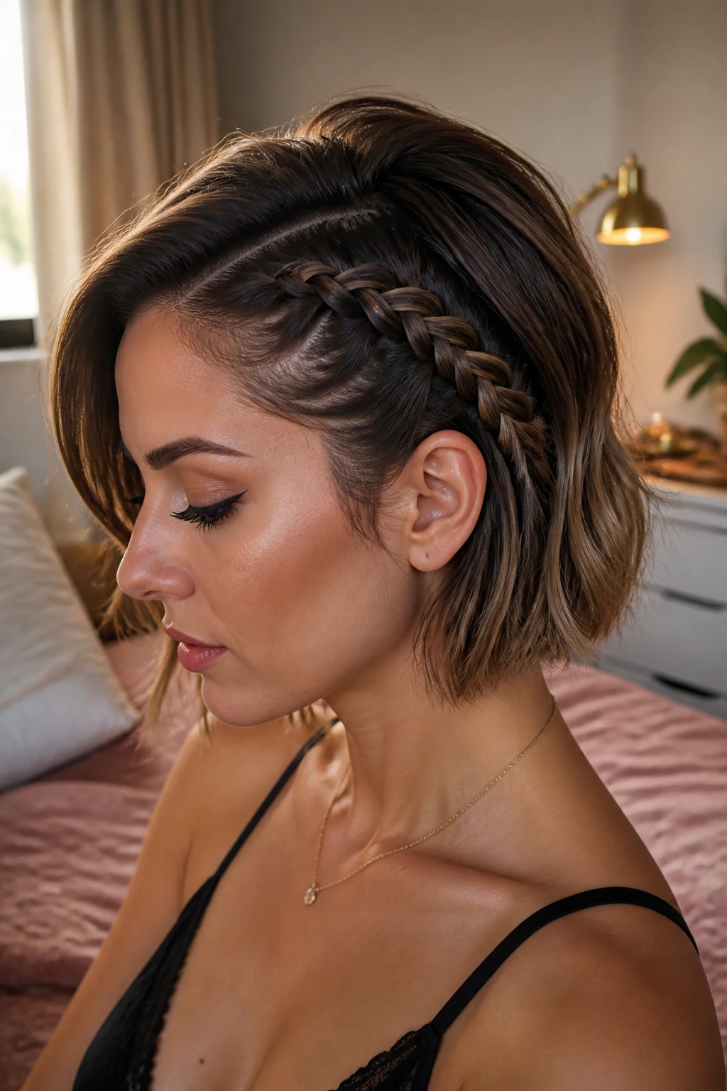 Close-up of a real woman with a dramatic side-swept Dutch braid in warm window light