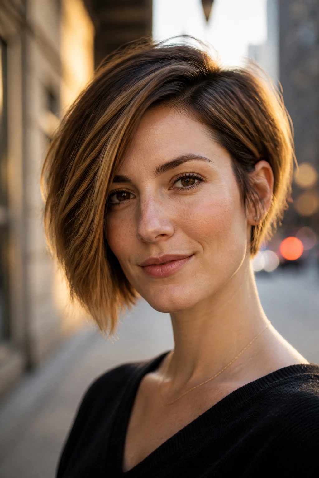 Close-up portrait of a real woman with an asymmetric feathered bob on an urban street backdrop