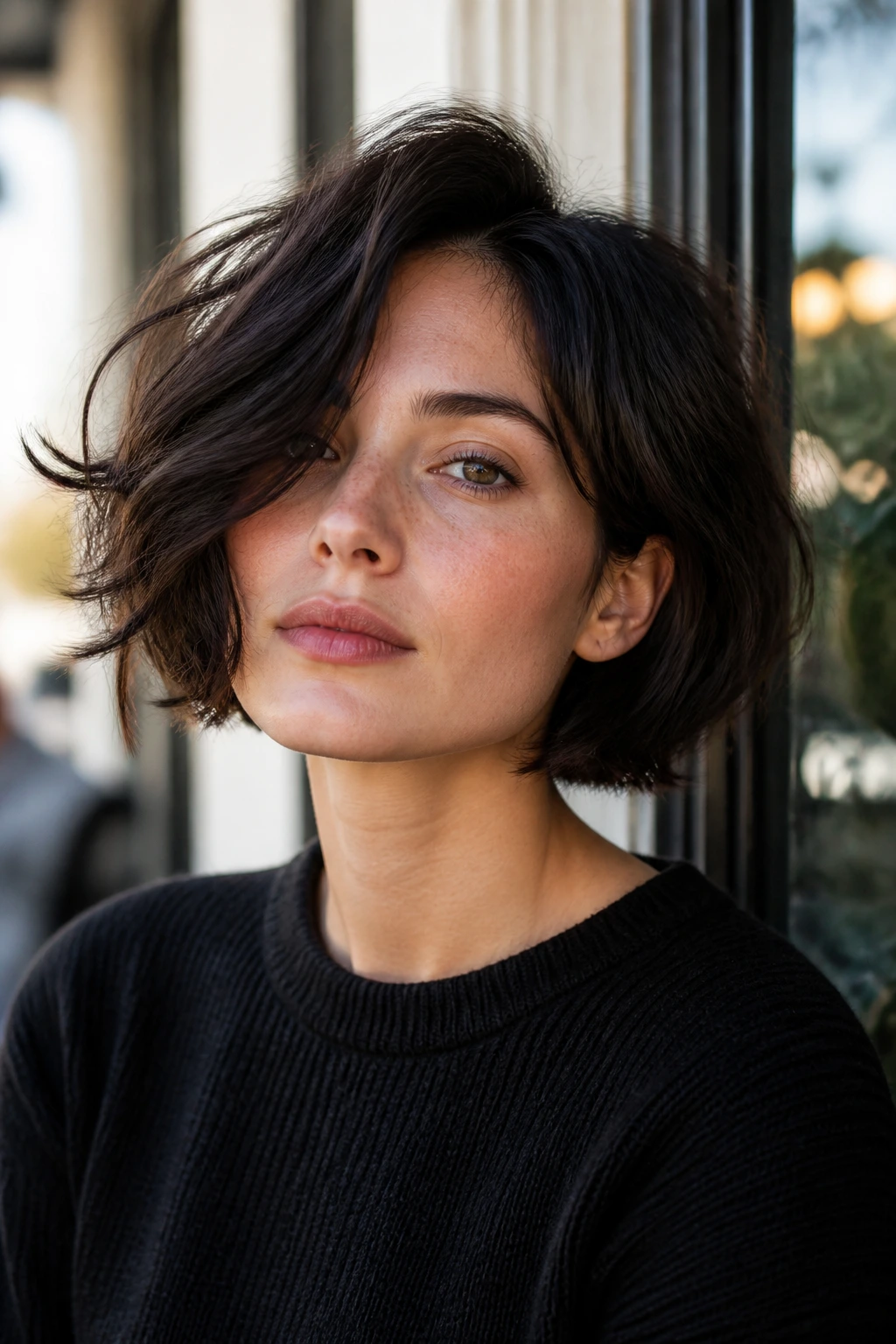 Close-up portrait of a real person with an asymmetric flip bob