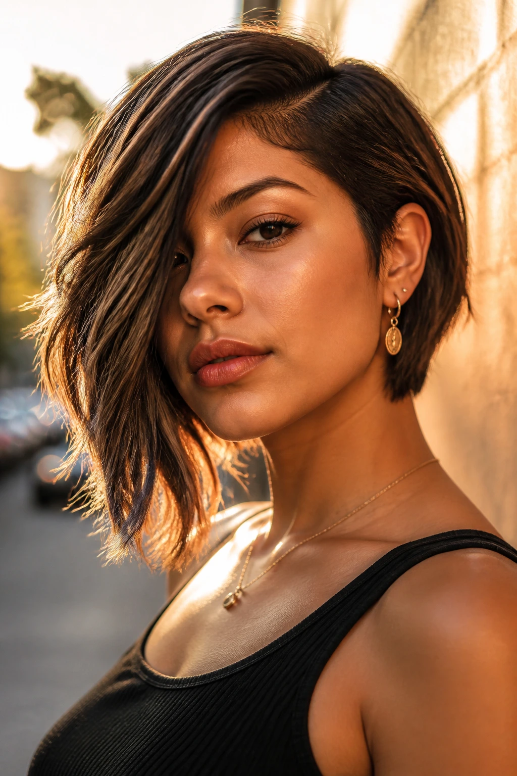 Close-up of a real person with an asymmetric face-framing cut