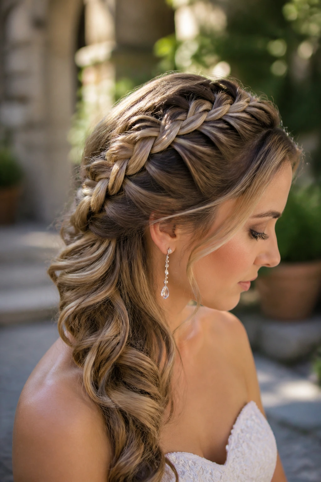 Side-profile of bride with an asymmetric French braid sweeping to one side