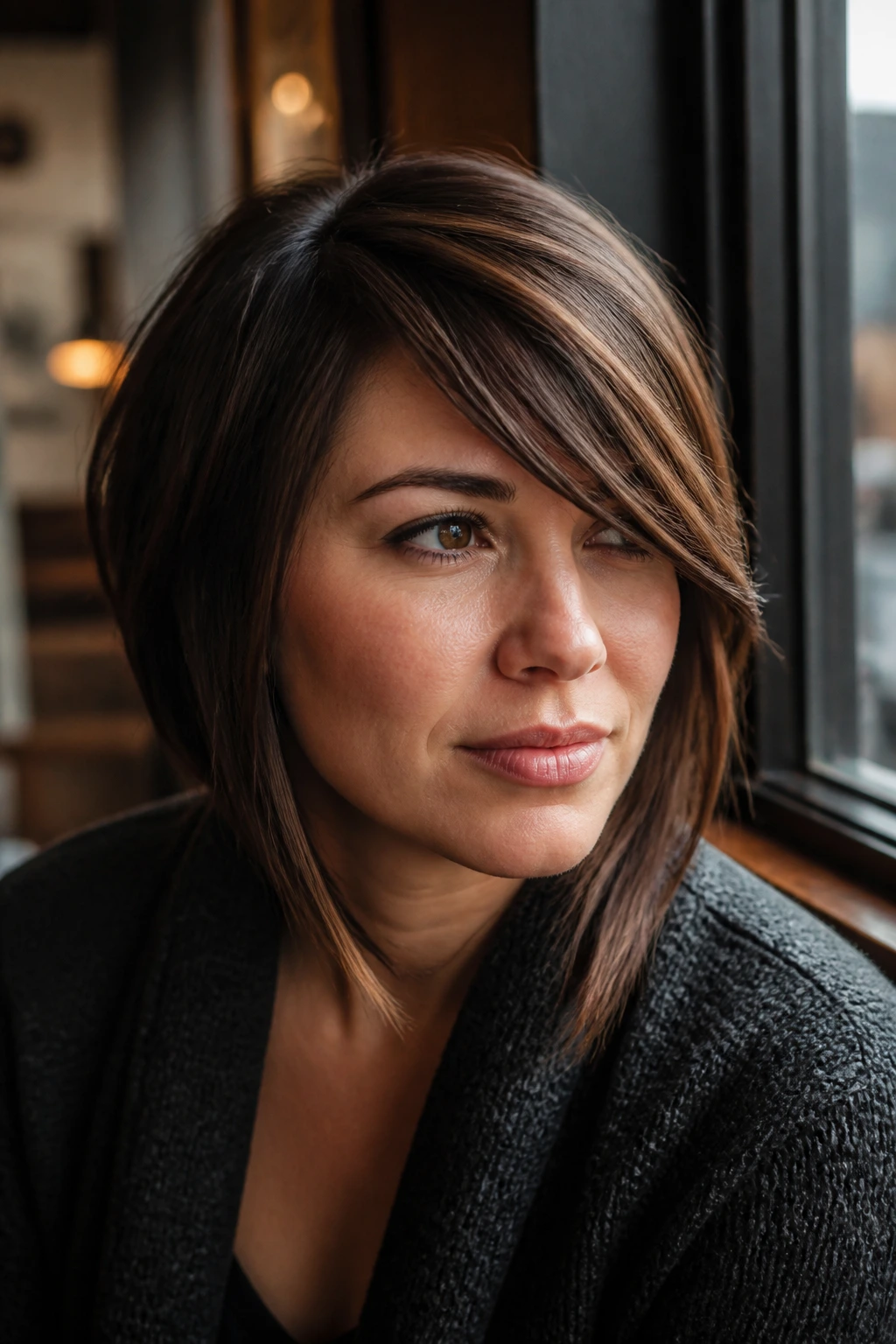 Portrait of a woman with a deep side-swept asymmetric fringe on chestnut hair