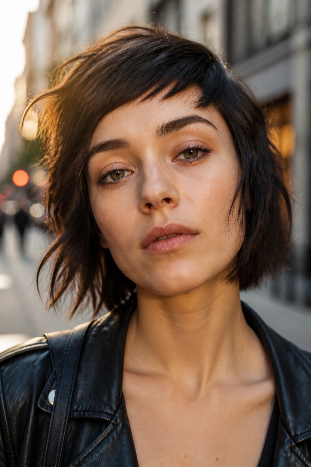 Portrait of a person with a diagonal choppy fringe on an urban street backdrop