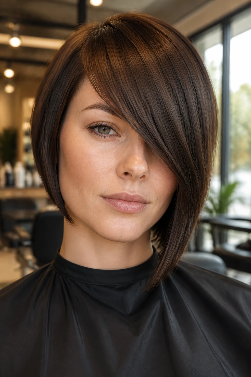 Close-up of Asymmetric Side Fringe in Cold Brew Brown on a real person