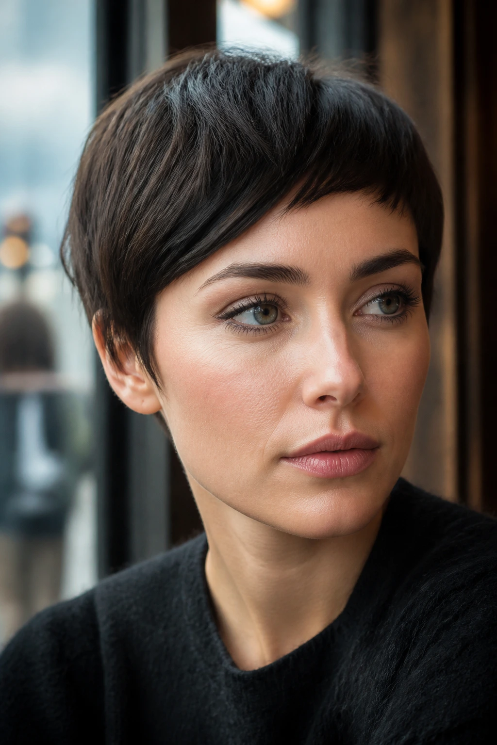 Close-up of side-swept asymmetric micro fringe on a real person